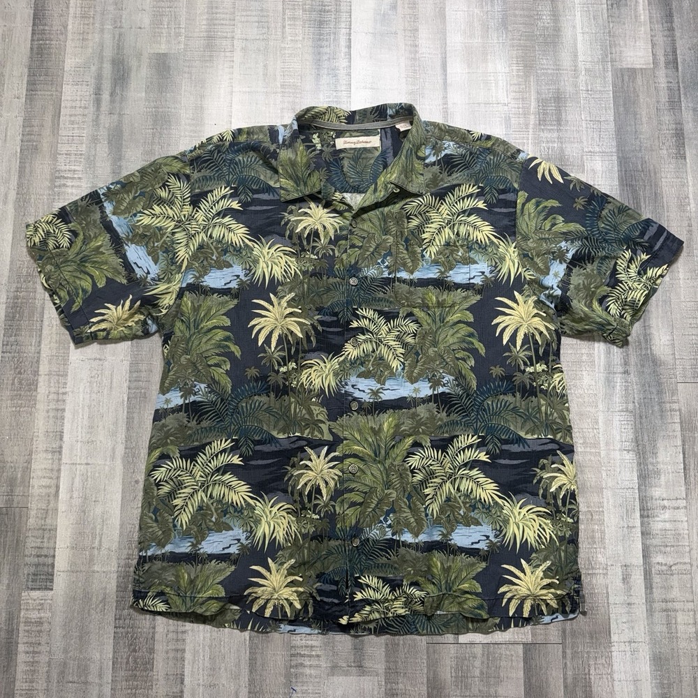 Tommy Bahama Men's XL 100% Silk Tropical Palm Hawaiian Camp Shirt Green
